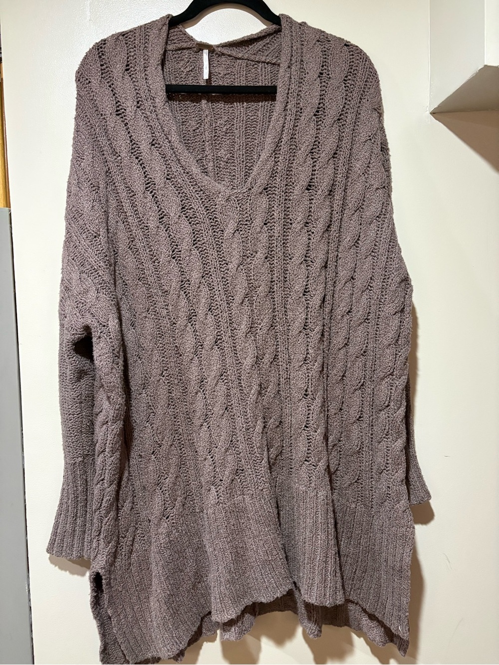 Free People Taupe Cable Knit V-Neck Sweater